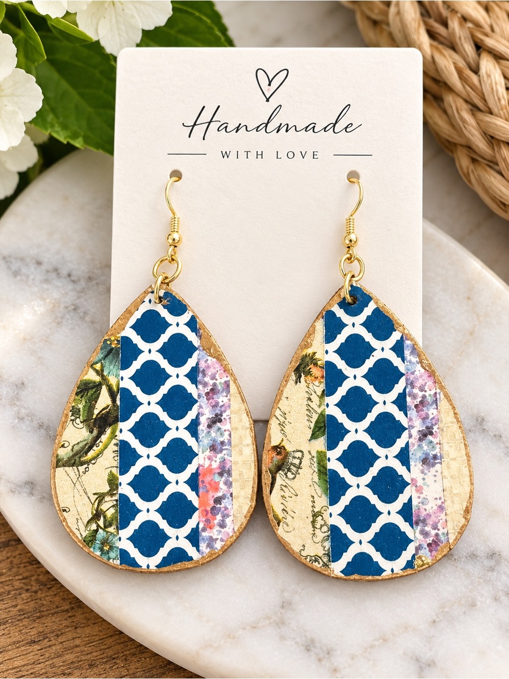 Boho Teardrop Earrings with Blue Trellis Pattern Hamdmade